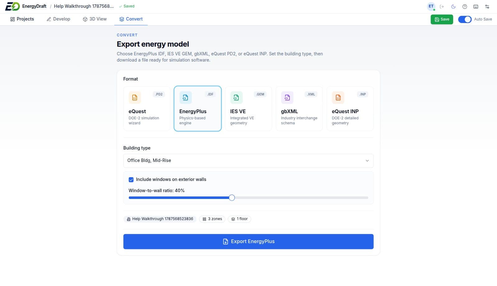 EnergyPlus IDF export selected with window-to-wall ratio controls