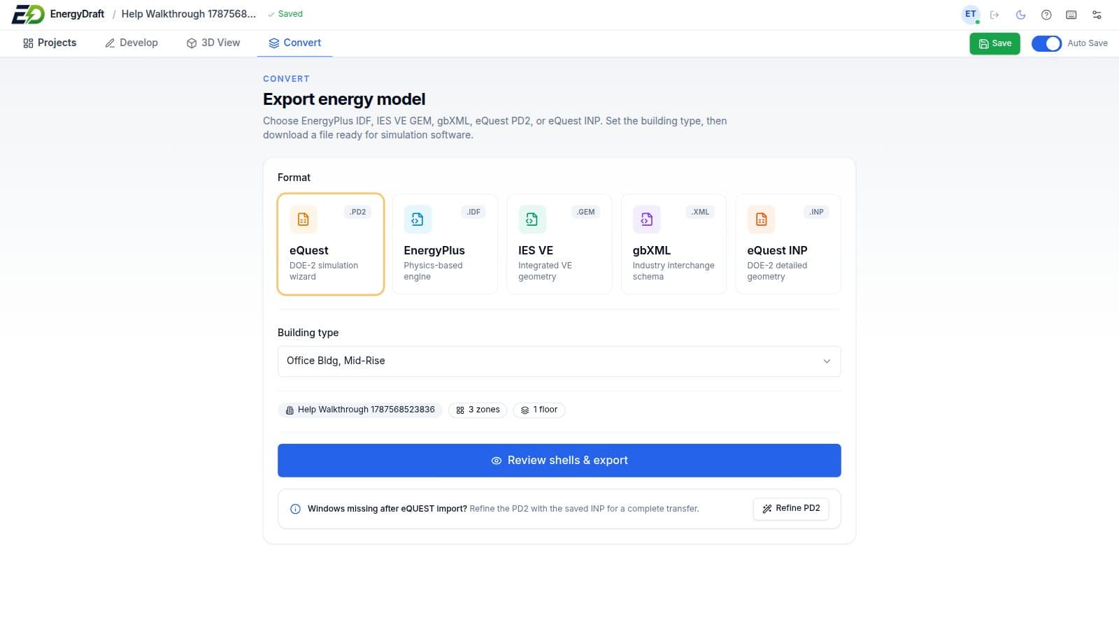 Export energy model screen with format cards for eQUEST, EnergyPlus, IES VE, and gbXML