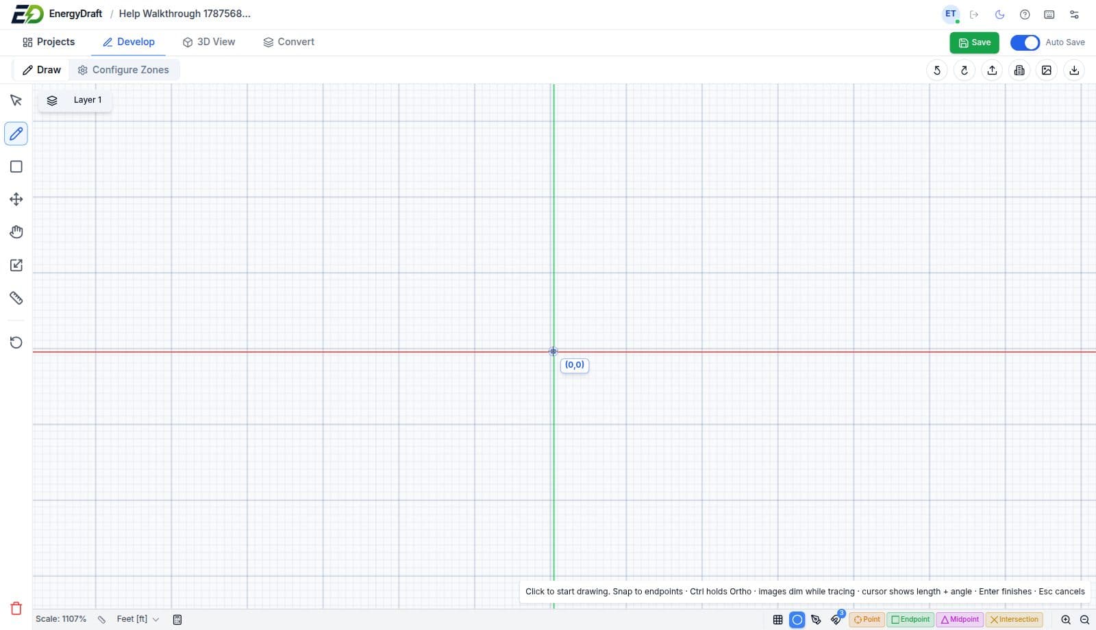 EnergyDraft 2D drawing canvas with grid, origin, and snap settings