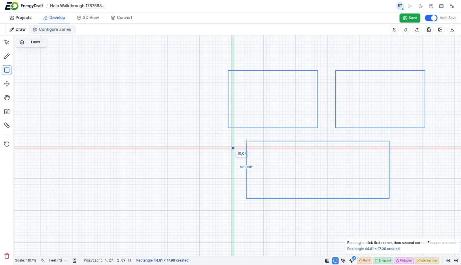 Rectangle tool creating rooms on the EnergyDraft drawing canvas