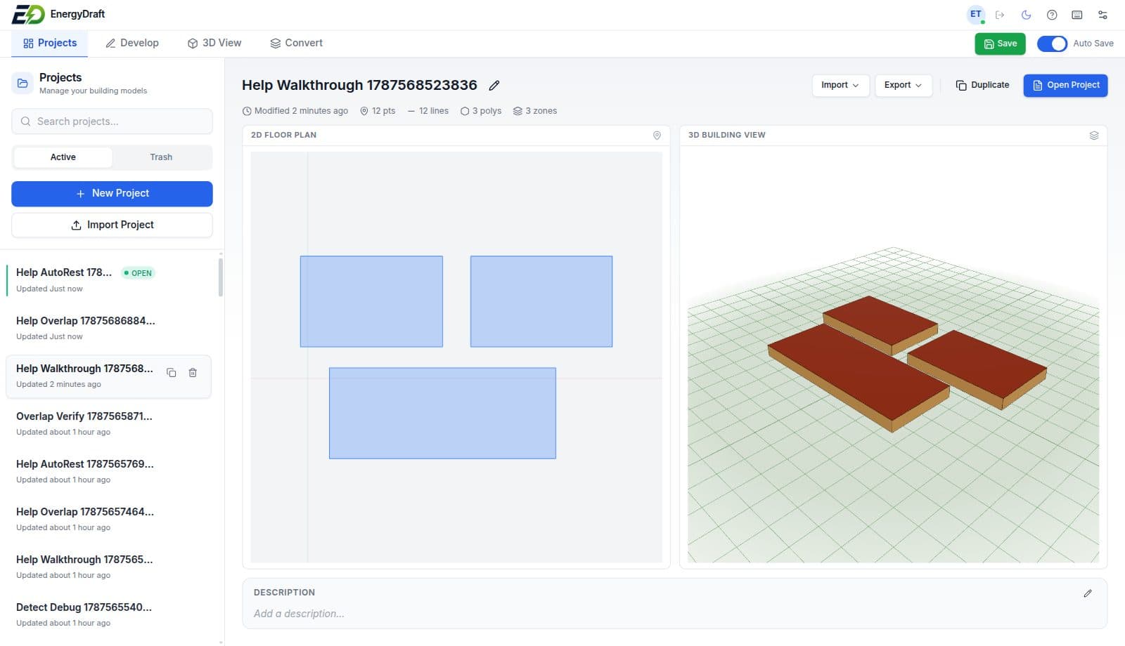 EnergyDraft project view with a 2D floor plan beside the 3D building preview